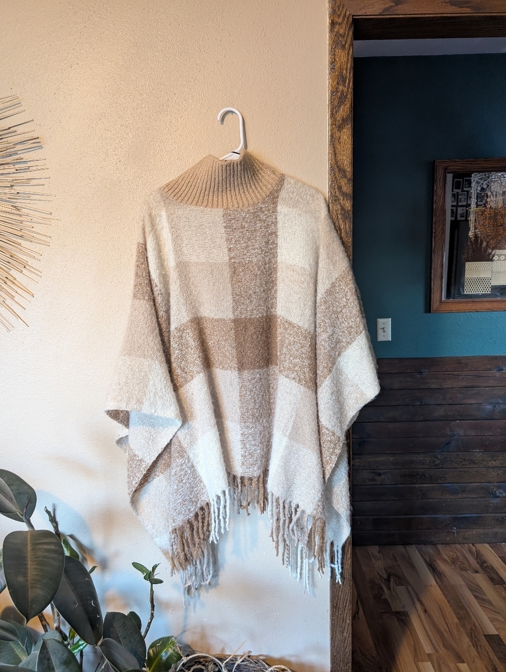 Neutral Cream & Tan Plaid Turtleneck Poncho